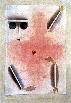Paul Klee, "Ha testa, mano, piede e cuore", acquerello, penna, inchiostro su cotone, incollati su cartoncino, 1930, collezione d'arte Nordrhein-Westfalen, Dusseldorf
